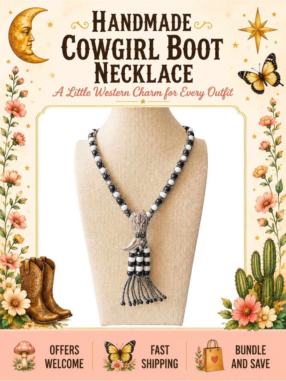 Handmade Cowgirl Boot Beaded Necklace Black White Western Boho